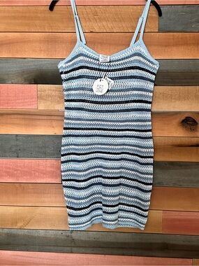 Striped Light Blue Crochet Swim Coverup or Lacy Knit Dress